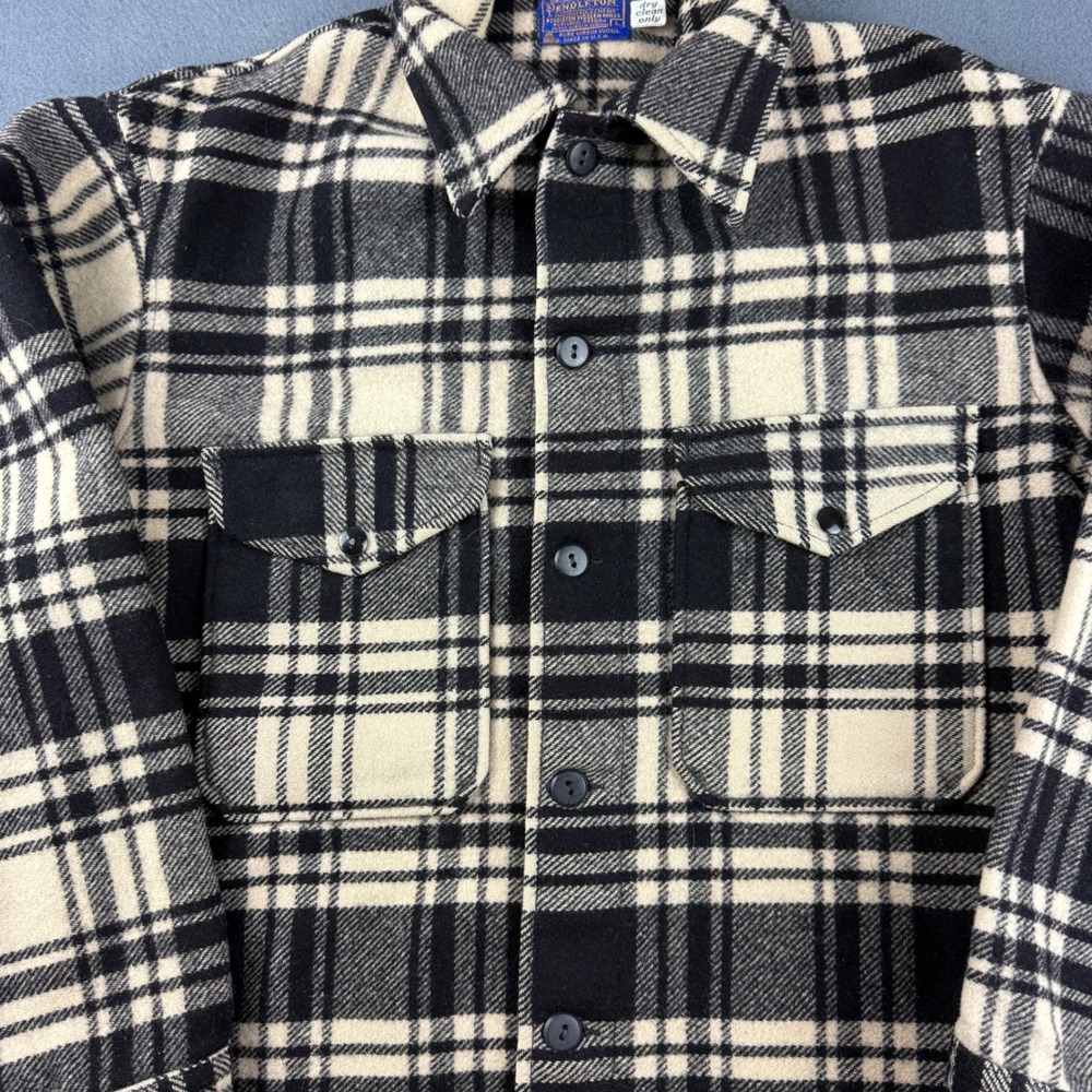 Vintage USA 70s Pendleton Shacket Men's L Black White Virgin Wool CPO Flannel - Picture 5 of 8